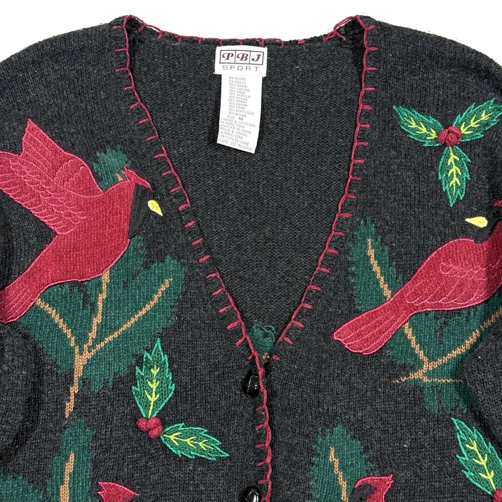 Vintage Christmas Sweater‎ Women Medium Cardigan Cardinal Holly Embroidered 90s - Picture 2 of 13
